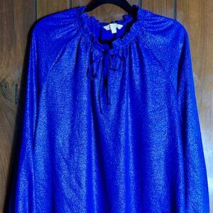Hope & Harlow Womens Blue Sparkle Tie Neck Blouse L/S Sz XL - EUC
